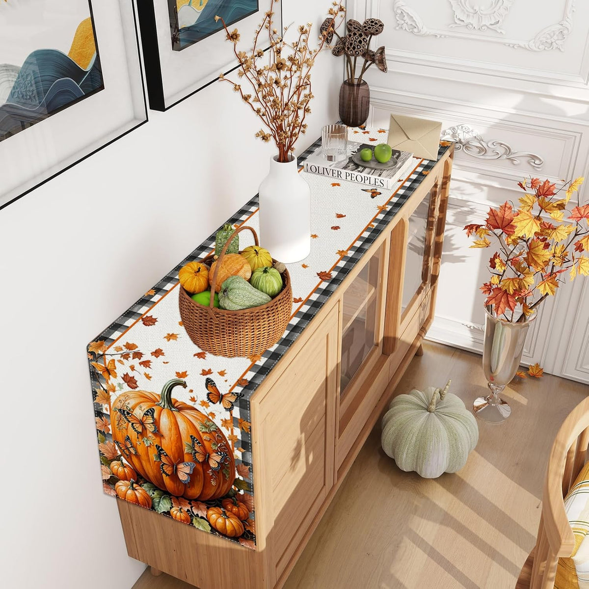 Linen Black and White Buffalo Check Plaid Fall Table Runner 72 Inches Long, Fall Leaves Pumpkin Butterfly Home Kitchen Table Decor, Farmhouse Autumn Thanksgiving Harvest Festival Decorations for Home