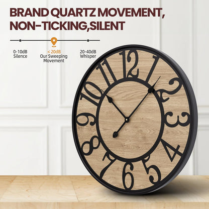 Large Wall Clock for Living Room Decor, Non Ticking Silent, Battery Operated Modern Vintage Wood Oversized Decorative Wall Clock for Bedroom Kitchen Farmhouse Office Decor