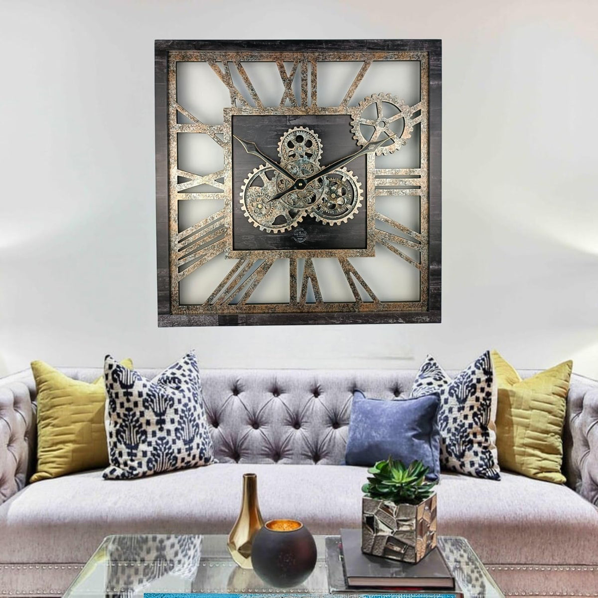 The Gears Clock 24'' Inch Square Real Moving Gear Wall Clock Vintage Industrial Oversized Rustic Farmhouse (Vintage Black)