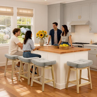 Counter Height Bar Stools Set of 4 for Kitchen Counter Farmhouse Modern Barstools with Upholstered Fabric Backless Seat and Solid Wood Legs 24 inch Bar Chairs, Grey + Wood Color