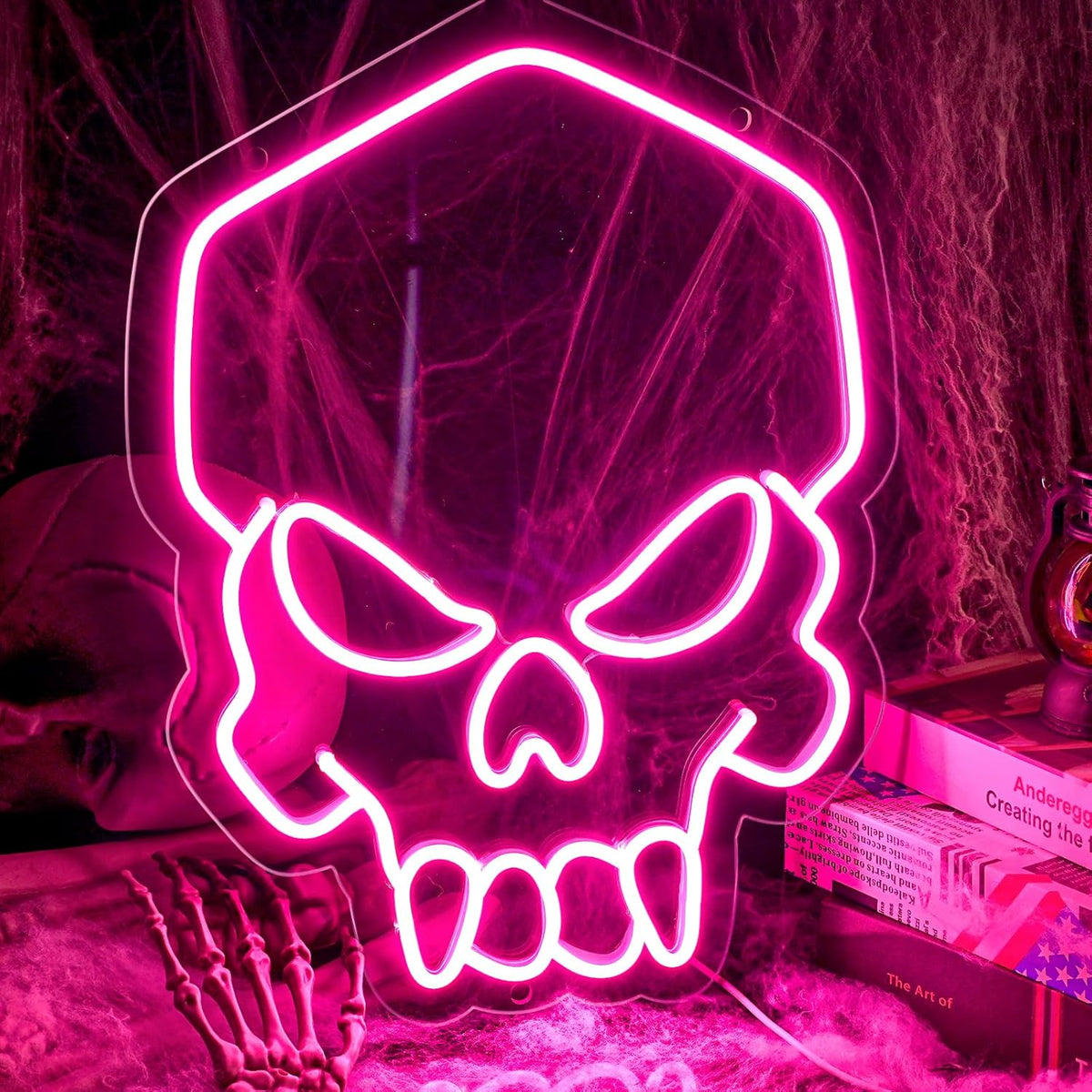 Skull Neon Sign Pink,Halloween Neon Light for Wall Decor, Skeleton LED Neon Sign for Beer Bar Bedroom Art,Skull Head Neon Lights Suitable for Computer Room,5V USB Power 15.75 * 11.8in(Non-Dimmable)