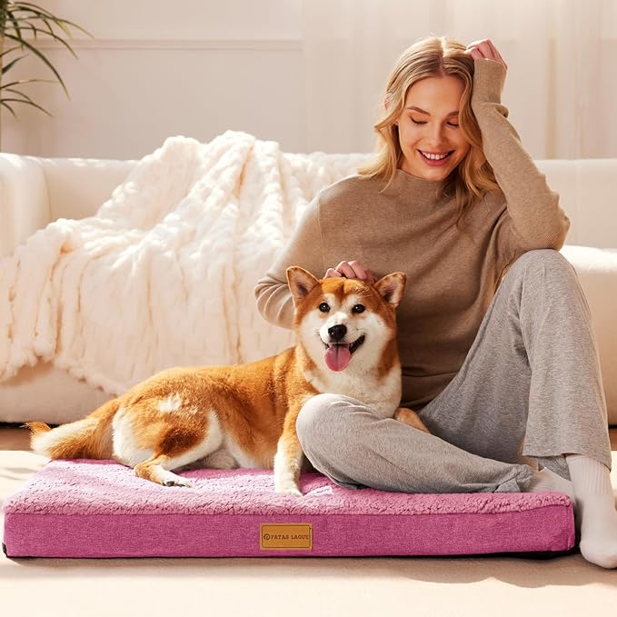 Patas Lague Orthopedic Large Dog Bed Washable Pet Sofa Mat 36''X24'' Pink | Egg-Crate Foam Dog Couch For Large Sized Dogs, Waterproof Removable Cover, Soft Pet Crate Bed With Nonskid Bottom