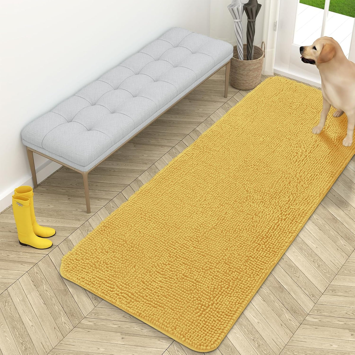 OLANLY Dog Door Mat for Muddy Paws 59x24, Absorbs Moisture and Dirt, Absorbent Non-Slip Washable Doormat, Quick Dry Chenille Mud Mat for Dogs, Entry Indoor Entryway Carpet for Inside Floor, Yellow