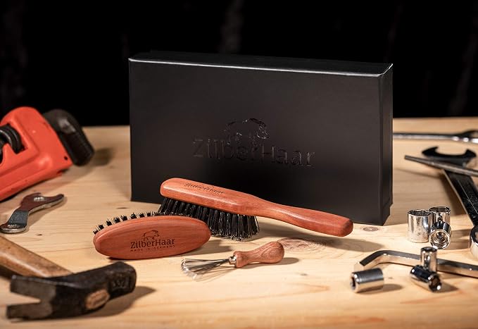 Zilberhaar Beard Brush Grooming Kit (Soft Version) 2nd Cut Boar Bristles - Ideal for Stubbles and Short To Medium Beards - Distributes Balm and Oil for Growth/Styling - Comes with Brush Cleaning Tool