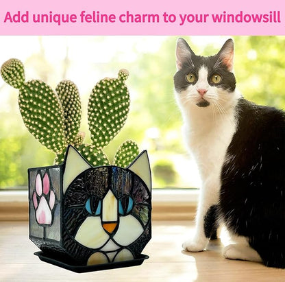 Stained Glass Black Cat Flower Pot,Succulent Pots with Drainage,Unique Black Cat Planter,Flower Pots for Indoor Plants,Glass Container Display Decoration,Cute Plant Gifts