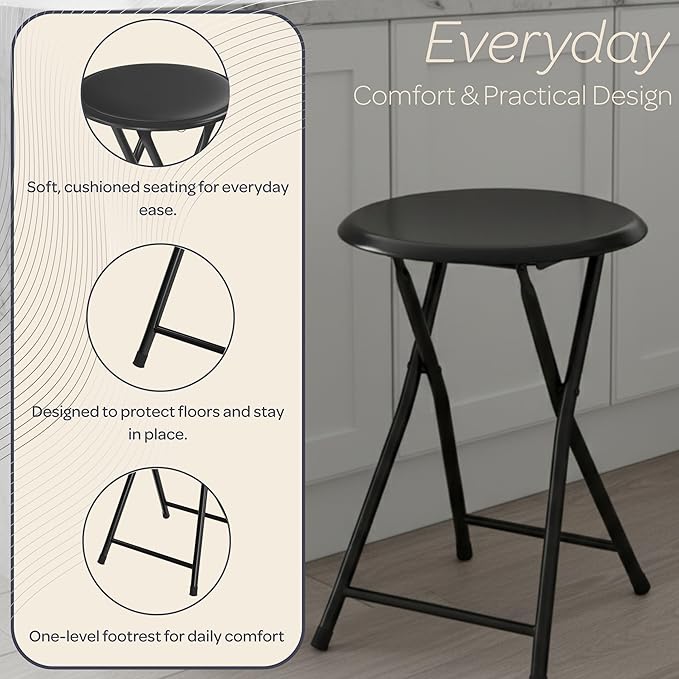 Lavish Home Folding Bar Stools - Set of 2 Heavy-Duty 18-Inch Stool - 225lb Capacity and Padded Seats for Dorm, Recreation or Game Room (Black)