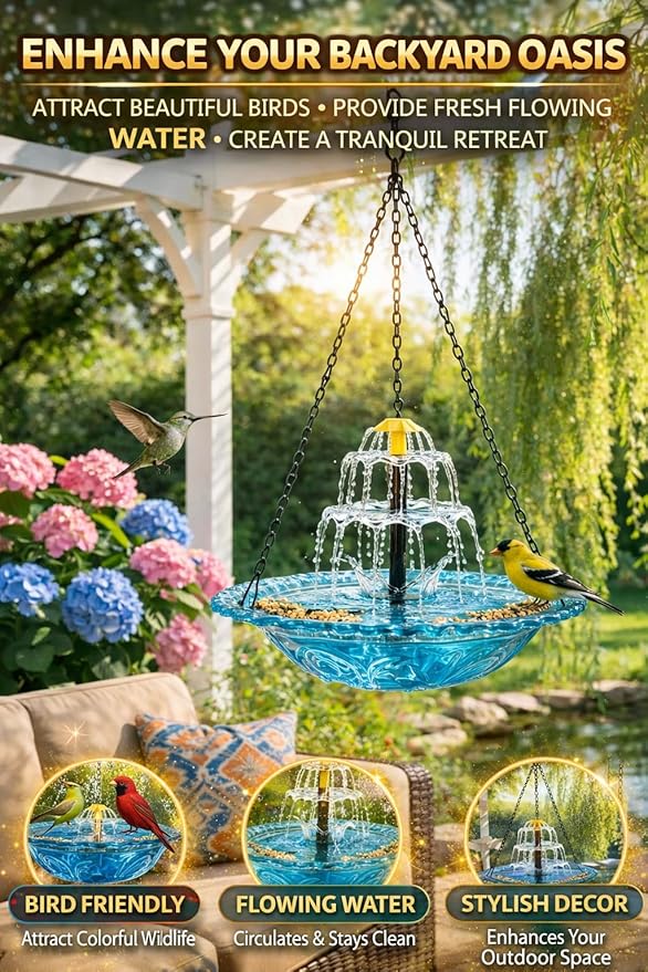 Solar Cascade Hanging Bird Bath Fountain, 2026 New Outdoor Hanging Bird Bath with Solar Fountain, Large Humming Birds Baths Fountains, with Solars Pump & Glass Bowl, for Outdoor, Gardens (#2)