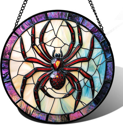 Stained Glass Window Hanging - Halloween Decorations Red Spider Goth Suncatcher for Doors Garden Indoor Funny Spooky Sun Catchers Gothic Decor Horror Gifts for Women Men Friend 11.8 in
