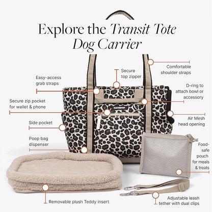 Transit Tote Dog Carrier for Small Dogs Under 8 lbs, 16x11x8 Soft-Sided 4-Pc Set with Waterproof Base, Plush Insert, Food Pouch, Mesh Head Opening - Small, Leopard