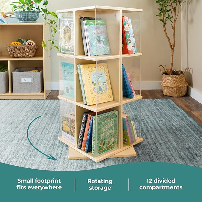 Guidecraft EdQ Kids Rotating Bookshelf: Natural Wood Revolving Bookcase - 360 Degree Spinning Book Shelf Tower with Acrylic Montessori Storage for Classroom, Bedroom and Playroom | Toy Organizer