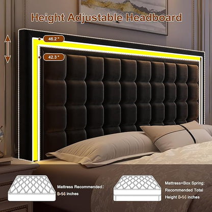 King Bed Frame with LED Lights & Storage Drawers, No Box Spring Needed, Heavy Duty 900lbs Weight Capacity, Easy Assembly, Modern Upholstered Platform Bed, Velvet Black
