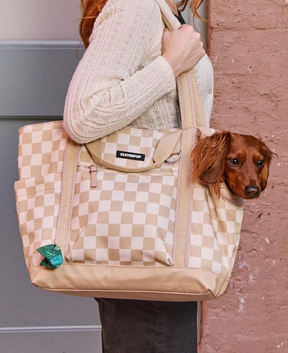 Transit Tote Dog Carrier 4-Piece Set - Premium Lightweight Pet Travel Bag with Plush Teddy Insert, Food Pouch, Air Mesh Opening, Water-Resistant Base & Safety Tether - Medium Checkerboard