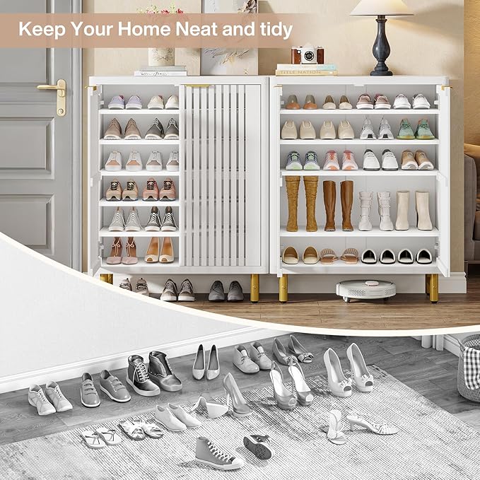 Tribesigns Shoe Cabinet with Shutter Doors, 6-Tier Entryway Shoe Cabinet with Adjustable Shelves, Wooden Modern Rack Organizer for Entryway, Hallway, Closet, Living Room, White