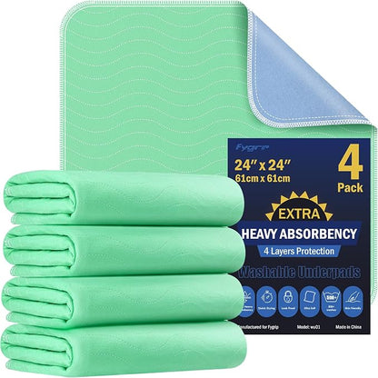 4 Pack 24” x 24” Extra Heavy Absorbency Washable Underpads Bed Pads | WaterProof Nursing Pads Incontinence, Reusable Washable Pee Pads for Dogs, Diaper Changing & Adults, Washable Puppy Pads