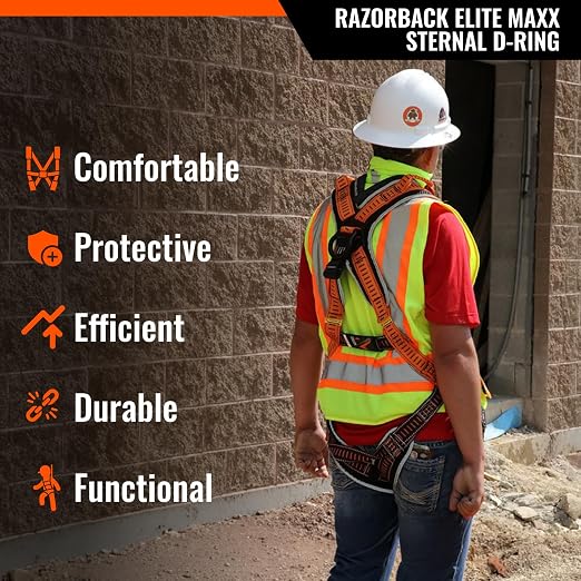 Razorback Elite MAXX - Safety Harness and Fall Protection Kit with Sewn in Lumbar Support Belt and Built-in Rescue Handles for Fall Arrest, OSHA & ANSI Compliant (3XLarge)