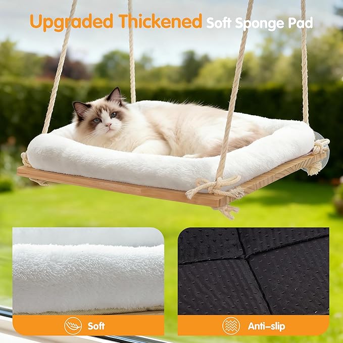 Cat Window Perch, Rustic Cat Hammock Bed with Solid Wood Seat 4 Heavy Duty Suction Cups, Plush Cushion, Indoor Pet Window Hammock for Cats for Large Cats