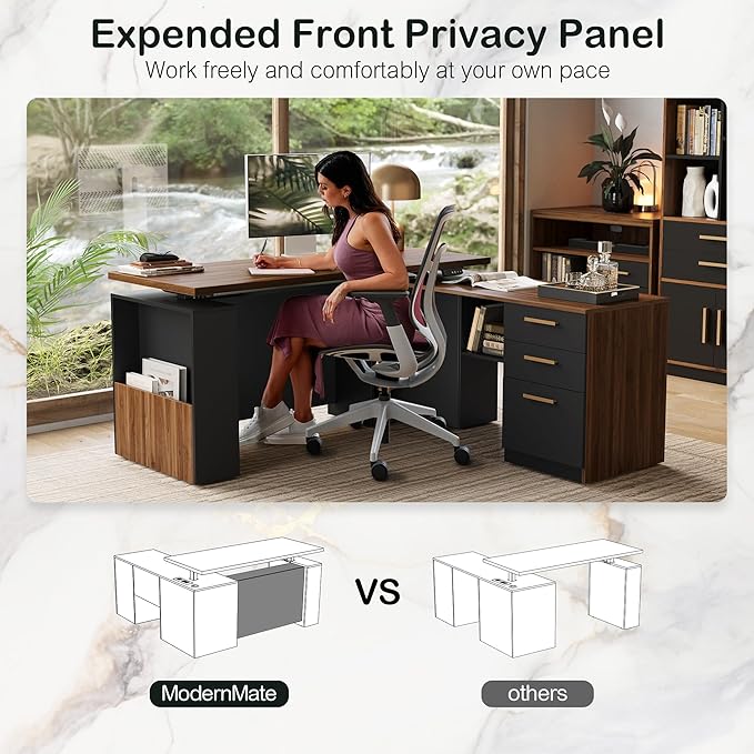 63" Standing Desk with File Cabinet, Privacy Panel, AC/USB, 1.18" Desktop, Executive L Shaped Height Adjustable Electric Stand Up Desk, Home Office Table with 3 Drawers, Black Walnut