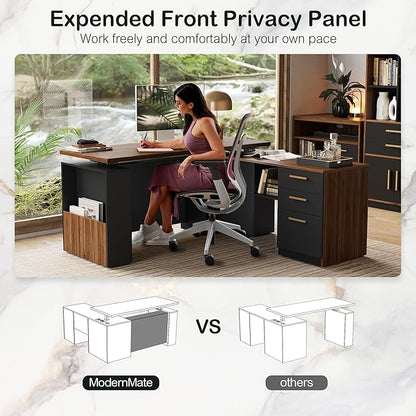 63" Standing Desk with File Cabinet, Privacy Panel, AC/USB, 1.18" Desktop, Executive L Shaped Height Adjustable Electric Stand Up Desk, Home Office Table with 3 Drawers, Black Walnut