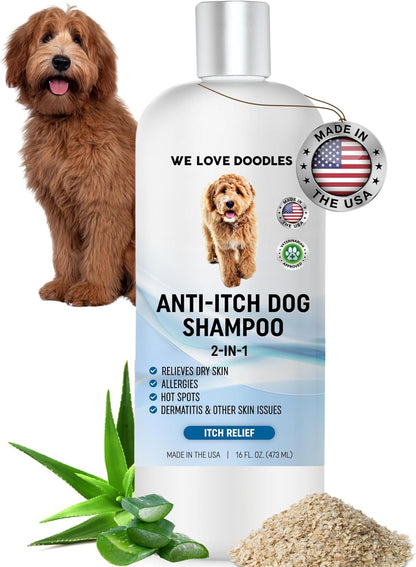 Premium Anti Itch Dog Shampoo for Sensitive Skin, Made in USA, Dry Skin Treatment for Dogs, Great for Allergies, Itching, Hot Spots, Natural Ingredients & Allergy Relief, 16 OZ [We Love Doodles]