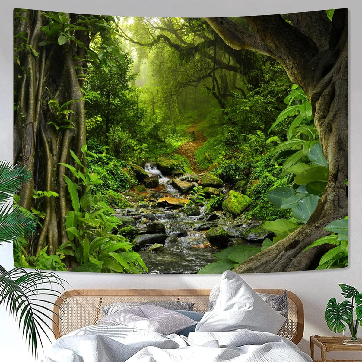 AMM Green Rainforest Tapestry Nature Forest Tapestry for Bedroom Aesthetic Misty Tropical Jungle Trees Flowing Stream Landscape Tapestries Wall Hanging for Living Room Dorm 60 x 44 Inch
