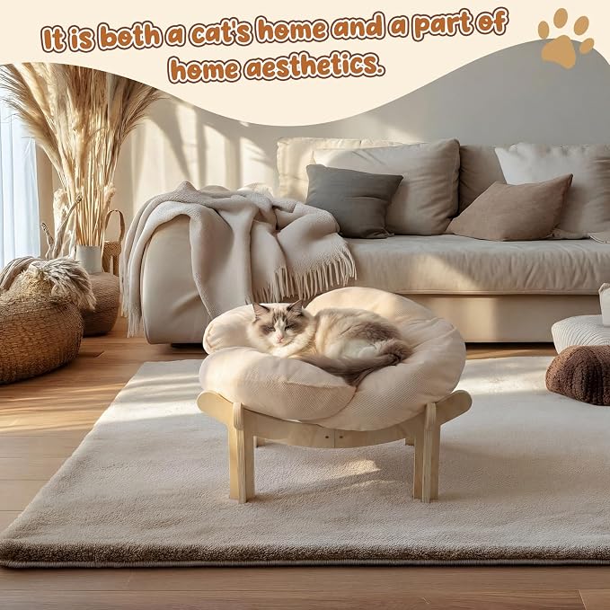 22x22x13 Inch Elevated Flower Cat Bed Wooden with Fluffy Cushion, Pet Couch Sofa for Indoor Cats, Raised Kitty Lounge Chair Suitable for Puppy, Cat Furniture Living Room Bedroom
