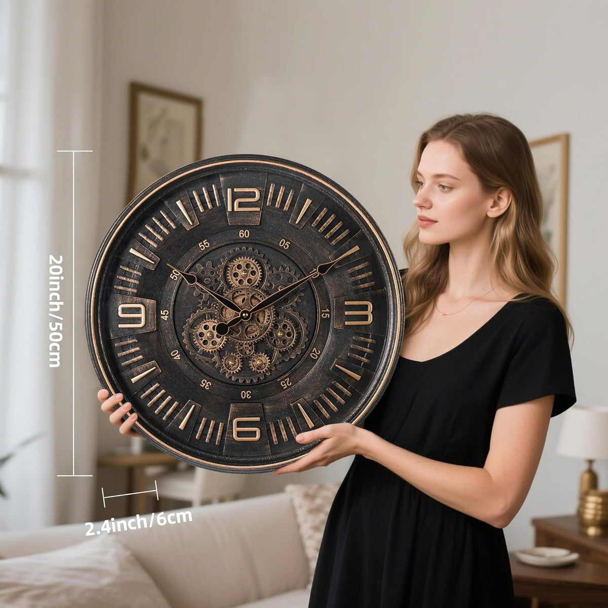 Maxstar Large Vintage Moving Gear Wall Clock, 20''Battery Operated Industrial Steampunk Metal Decor for Living Room, Office,Fireplace, Farmhouse(Arabic Number-Bronze)