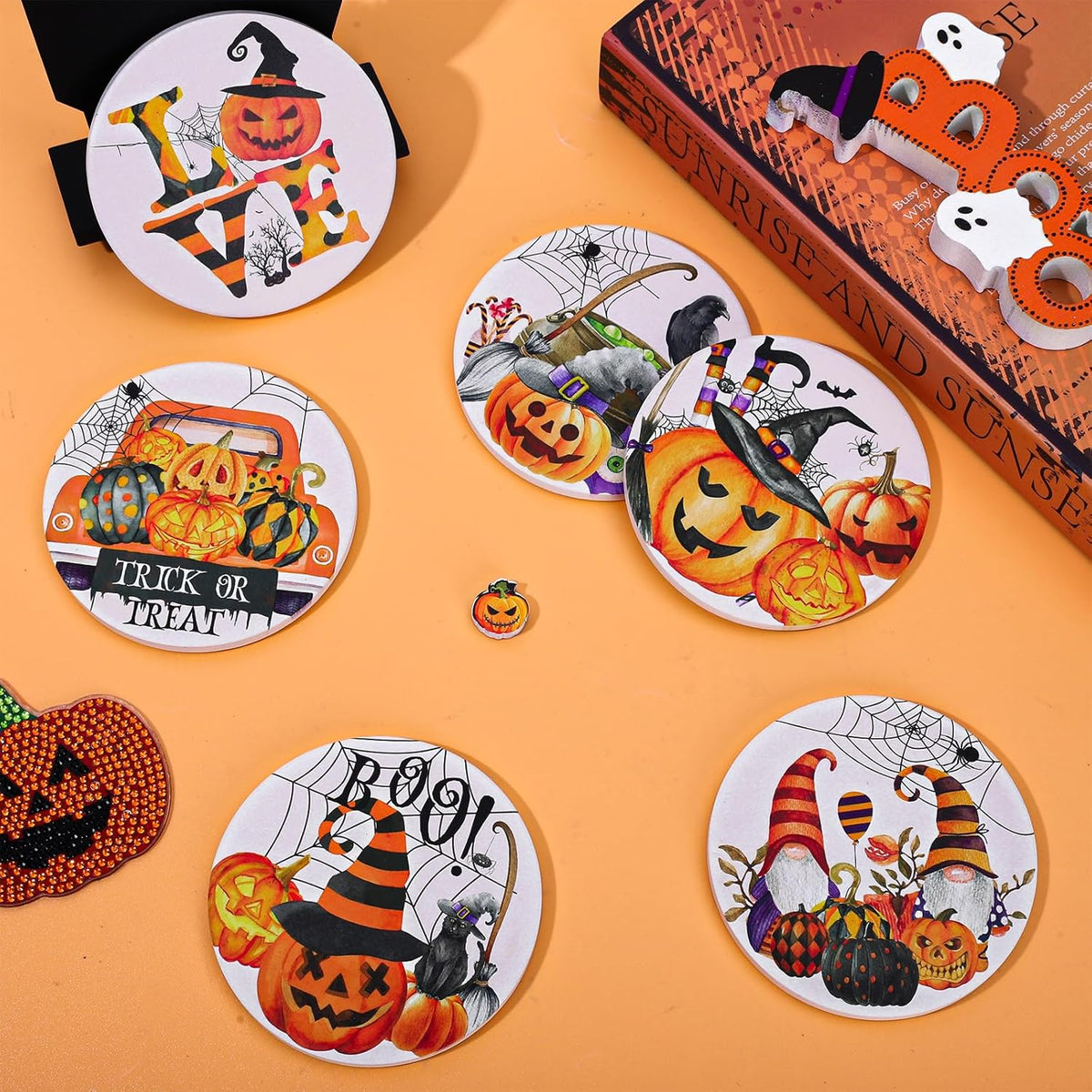 Whaline 6Pcs Halloween Coasters Watercolor Ceramic Coasters Pumpkin Gnome Pattern Drink Coasters Cup Mat for Table Room Decor Party Supplies, 4.1 x 0.3 Inch