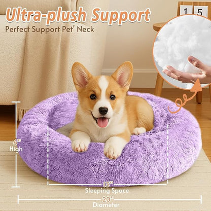 JOLLYVOGUE Calming Small Dog & Cat Bed for Indoor Cats - 20 inches Washable Donut Bed for Kittens & Puppies, Anti-Anxiety Round Fluffy Plush Pet Beds (Fits up to 15 lbs, Purple)