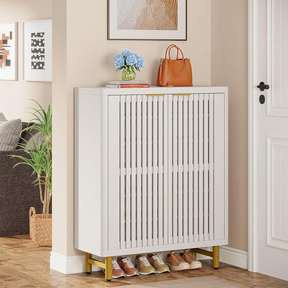 Tribesigns Shoe Cabinet with Shutter Doors, 6-Tier Entryway Shoe Cabinet with Adjustable Shelves, Wooden Modern Rack Organizer for Entryway, Hallway, Closet, Living Room, White