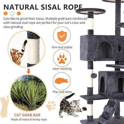 BestPet | 54" Cat Tree Tower | Ashy | Sturdy, Easy to Assemble, Multi-Level Activity Center with Sisal Scratching Posts, Condos, Perches, Hanging Cat Toys, Observation Decks & Ladder