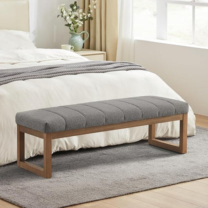 52.7" Bedroom Bench for End of Bed, Modern Upholstered Teddy Fabric Entryway Bench & Dining Bench, Footrest Stool Bench with Solid Wood Frame for Bedroom, Living Room (Light Grey)