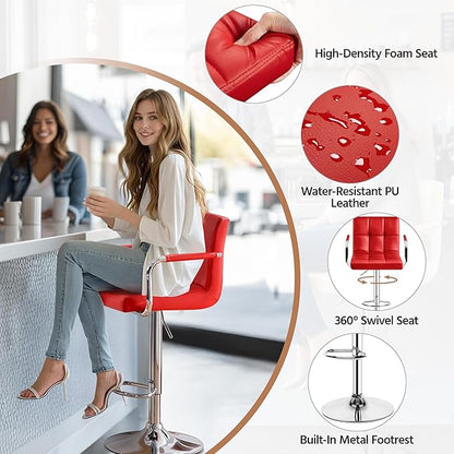 Yaheetech Bar Stools Set of 2, PU Leather Adjustable Swivel Barstools, Hydraulic Kitchen Counter Height Bar Chairs with Armrest and Back for Bar, Kitchen, Dining Room, Red