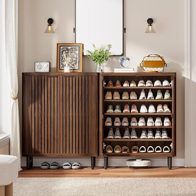 Tribesigns Shoe Cabinet with Shutter Doors, 6-Tier Entryway Shoe Cabinet with Adjustable Shelves, Wooden Modern Rack Organizer for Entryway, Hallway, Closet, Living Room, Dark Walnut