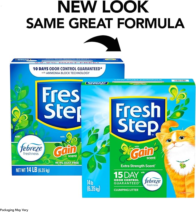 Fresh Step Clumping Litter with Febreze Freshness Gain Original Scent, Low-Dust Formula with Ammonia Block Technology, 14 lb. Box (Pack of 2)