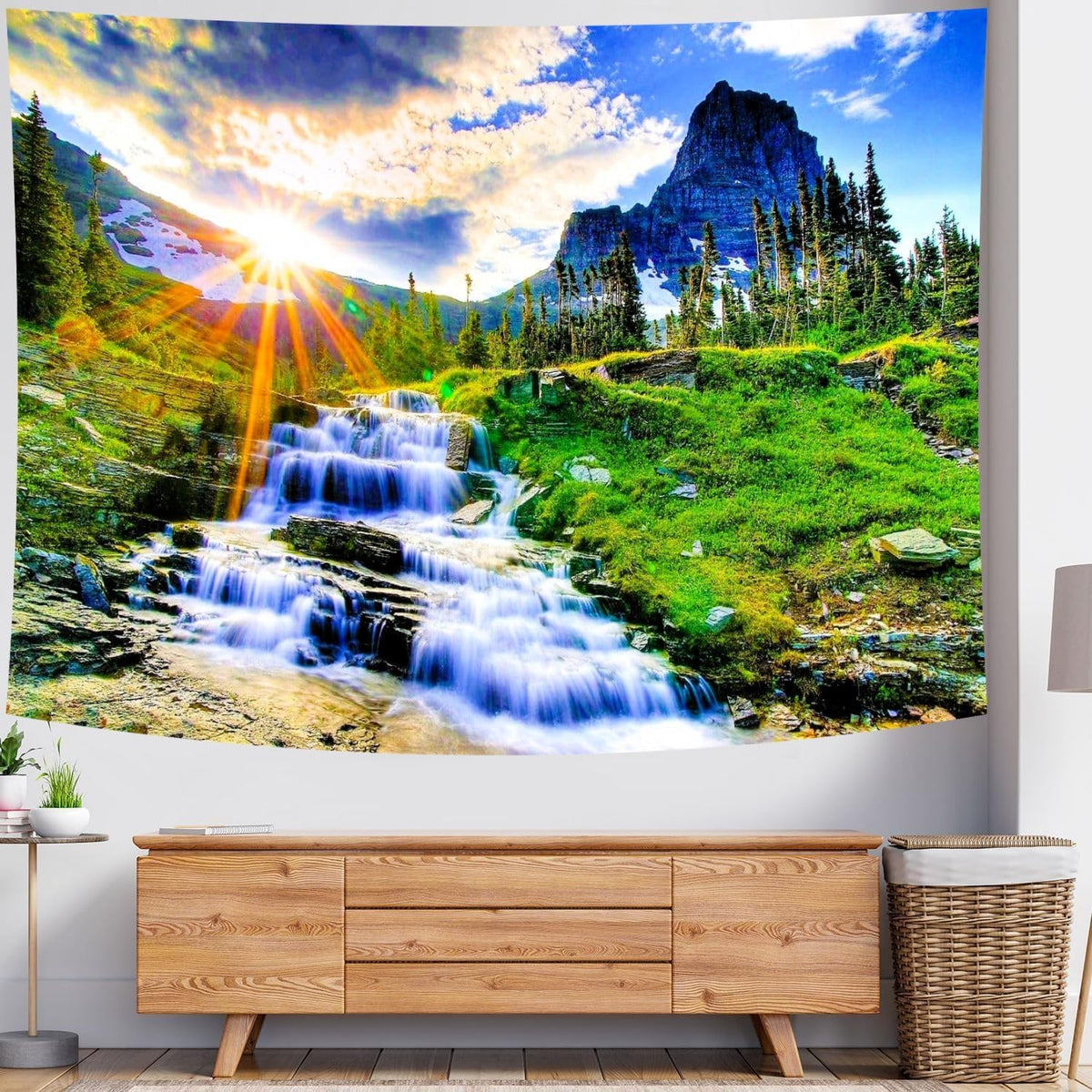 Delur Mountain Waterfall Tapestry Sunset Forest Tree Nature Landscape Tapestry Wall Hanging Tropical Sunrise Rainforest Psychedelic Scenic Headboard for Bedroom Living Room Home Decor (59.1" x 78.7")