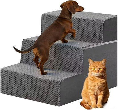 DUMOS Dog Stairs for Small Dogs, 3-Steps Non-Slip Balanced Indoor Foldable Dog Steps with Density Foam & Washable Cover, Cat Puppy Old Pet Stairs for High Bed, Couch, Sofa - Grey, 18" H
