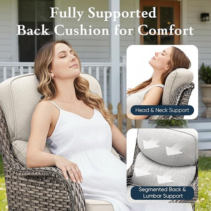 Belord Luxury 6" Thick Cushioned 5 Pieces Patio Furniture Set with Fire Pit Table, Wicker Outdoor Conversation Set with High Back Swivel Rocker Chairs for Deck Porch Yard and Poolside - Grey+Beige
