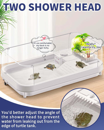 Large Turtle Tank with Water Pump, Acrylic Turtle Tank Starter Kit with Heightened and Curved Fences, Multi-Function Areas, Bottom Drainage