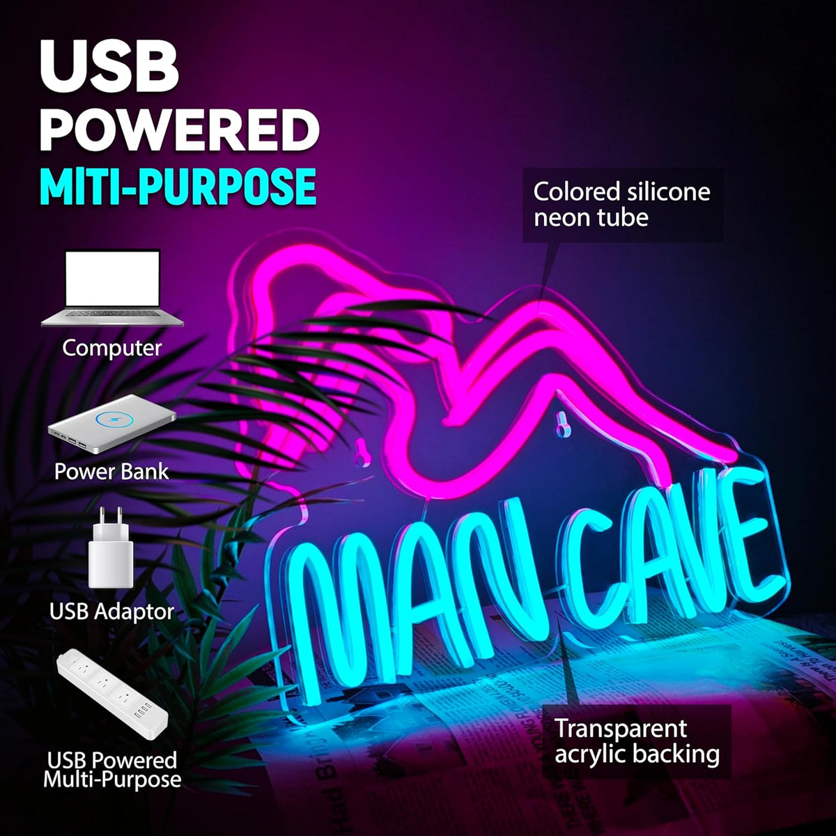 Man Cave Neon Signs Man Cave Neon Lights Sign USB Powered Dimmable LED Light for Bedroom Game Room Bar Pub Club Wall Decor Party