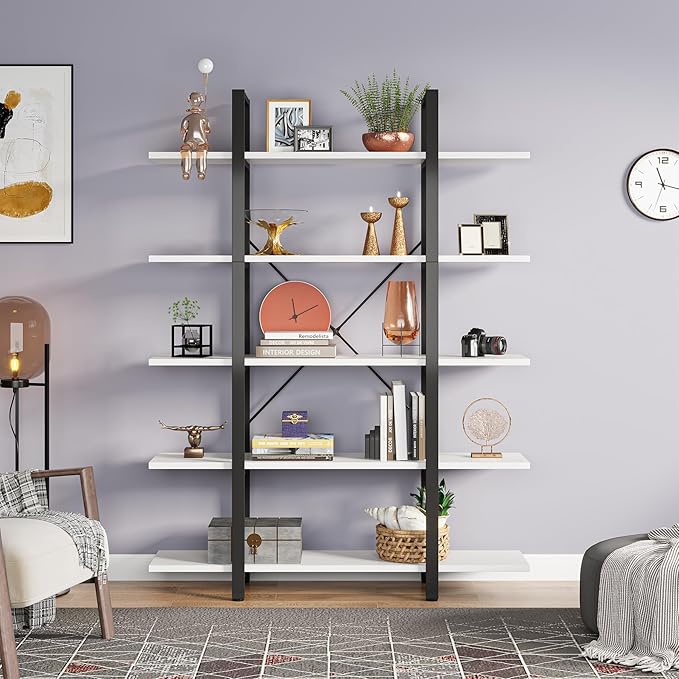 Tribesigns 5-Tier Bookshelf, Vintage Industrial Style Bookcase 72 H x 12 W x 47L Inches, White