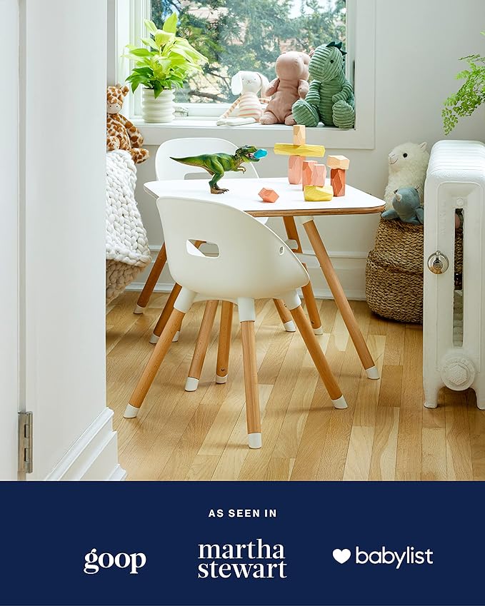 Lalo The Play Kit - Kids Table & Chairs Set with Sustainably Sourced Wood Table & 2 Non-Toxic Bucket Seat Chairs - Safe & Comfortable - Coconut/Blueberry