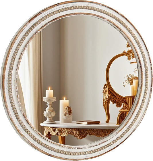 24 Inch Round Mirror - Distressed Vintage Farmhouse Mirror for Bathroom Wall, Living Room, Bedroom & Entryway, Handmade Wood Frame