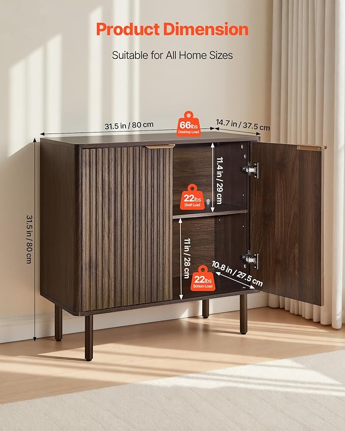 VEVOR Fluted Cabinet, Buffet Cabinet with 2-Tier Storage, Coffee Bar Cabinet with Adjustable Shelves, Sideboard Buffet for Hallway, Entryway, Living Room, or Kitchen, Walnut