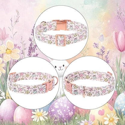 Easter Dog Collar, Pastel Floral Egg Easter Collars for Puppy Small Dogs, Cute Girly Spring Holiday Dog Collars, Adjustable Heavy Duty Female Pet Collar with Metal Buckle XS