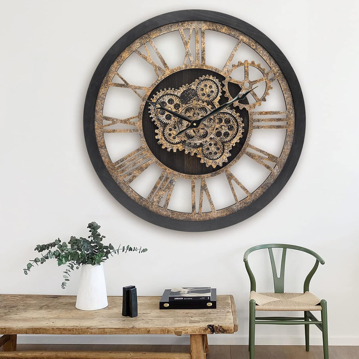 HOIBAI Large Wall Clock, 24 Inch Wall Clocks for Living Room Decor Farmhouse Vintage Rustic Kitchen Wall Decor Vintage Roman Big Oversized Wall Clock for Home Bedroom House Office, Moving Gears Clock