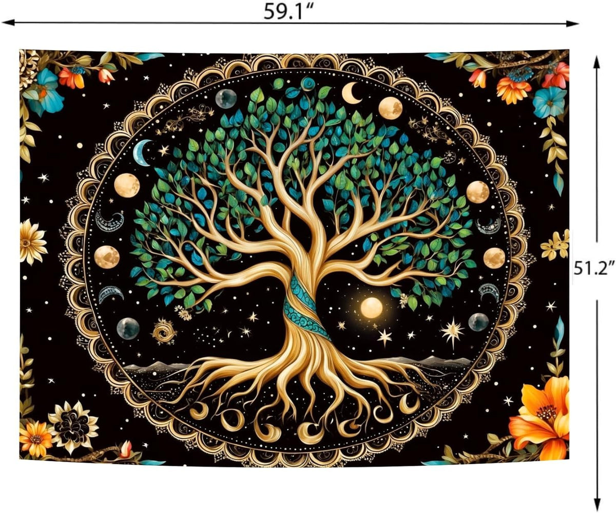 Delur Tree of Life Tapestry Moon Phase Nature Flower Plant Tapestry Wall Hanging Boho Mandala Spiritual Sun Aesthetic Psychedelic Headboard for Bedroom Living Room Home Decor (51.2" x 59.1")