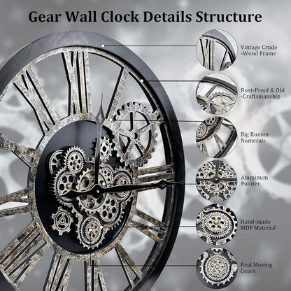 Large Wall Clock, Clocks for Living Room Decor Oversized 30 Inch Wall Decor Farmhouse Vintage Rustic Industrial Roman Big Chic Home Decor Wall Clock for House Bedroom Office, Moving Gears Clock
