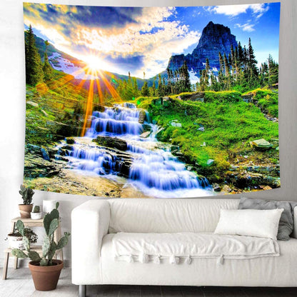 Delur Mountain Waterfall Tapestry Sunset Forest Tree Nature Landscape Tapestry Wall Hanging Tropical Sunrise Rainforest Psychedelic Scenic Headboard for Bedroom Living Room Home Decor (59.1" x 78.7")
