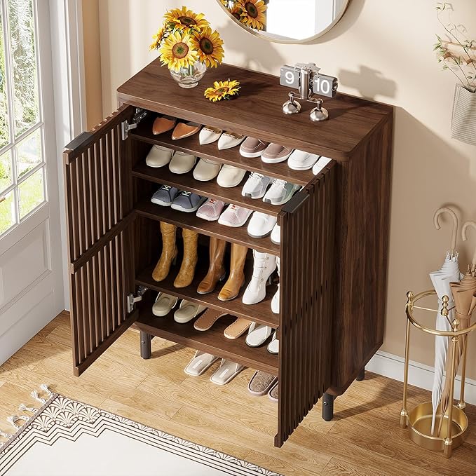 Tribesigns Shoe Cabinet with Shutter Doors, 6-Tier Entryway Shoe Cabinet with Adjustable Shelves, Wooden Modern Rack Organizer for Entryway, Hallway, Closet, Living Room, Dark Walnut