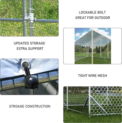 Large Metal Chicken Coop with Run Walk-in Poultry Cage Chicken Runs House Pen Cage Spire Roofed Chicken Coops with Anti-Ultraviolet Cover for Outdoor Yard Farm Use 9.8’L x 19.7’W x 6.4’H